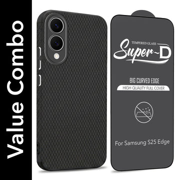 For Samsung Galaxy S25 Edge Combo with Back Cover and 9H Tempered Glass (Liquid Silicone | Camera Protection | Oleophobic Coating Screen Glass)