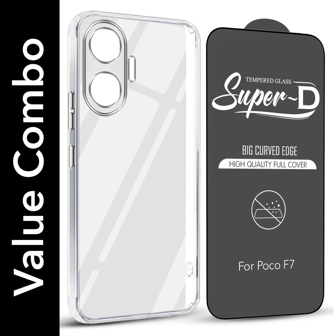 For Xiaomi Poco F7 5G Combo with Back Cover and 9H Tempered Glass ( Lifetime Anti-Yellow | Sleek Hard Crystal | Oleophobic Coating Screen Glass)