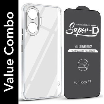 For Xiaomi Poco F7 5G Combo with Back Cover and 9H Tempered Glass ( Lifetime Anti-Yellow | Sleek Hard Crystal | Oleophobic Coating Screen Glass)