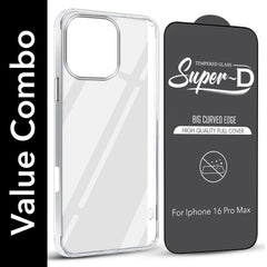 For Apple iPhone 16 Pro Max Combo with Back Cover and 9H Tempered Glass (Lifetime Anti-Yellow | Sleek Hard Crystal | Oleophobic Coating Screen Glass)