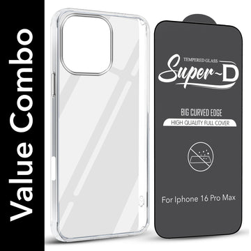 For Apple iPhone 16 Pro Max Combo with Back Cover and 9H Tempered Glass (Lifetime Anti-Yellow | Sleek Hard Crystal | Oleophobic Coating Screen Glass)