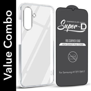 For Samsung Galaxy A17 | Samsung F17 | Samsung M17 5G Combo with Back Cover and 9H Tempered Glass ( Lifetime Anti-Yellow | Sleek Hard Crystal | Oleophobic Coating Screen Glass)