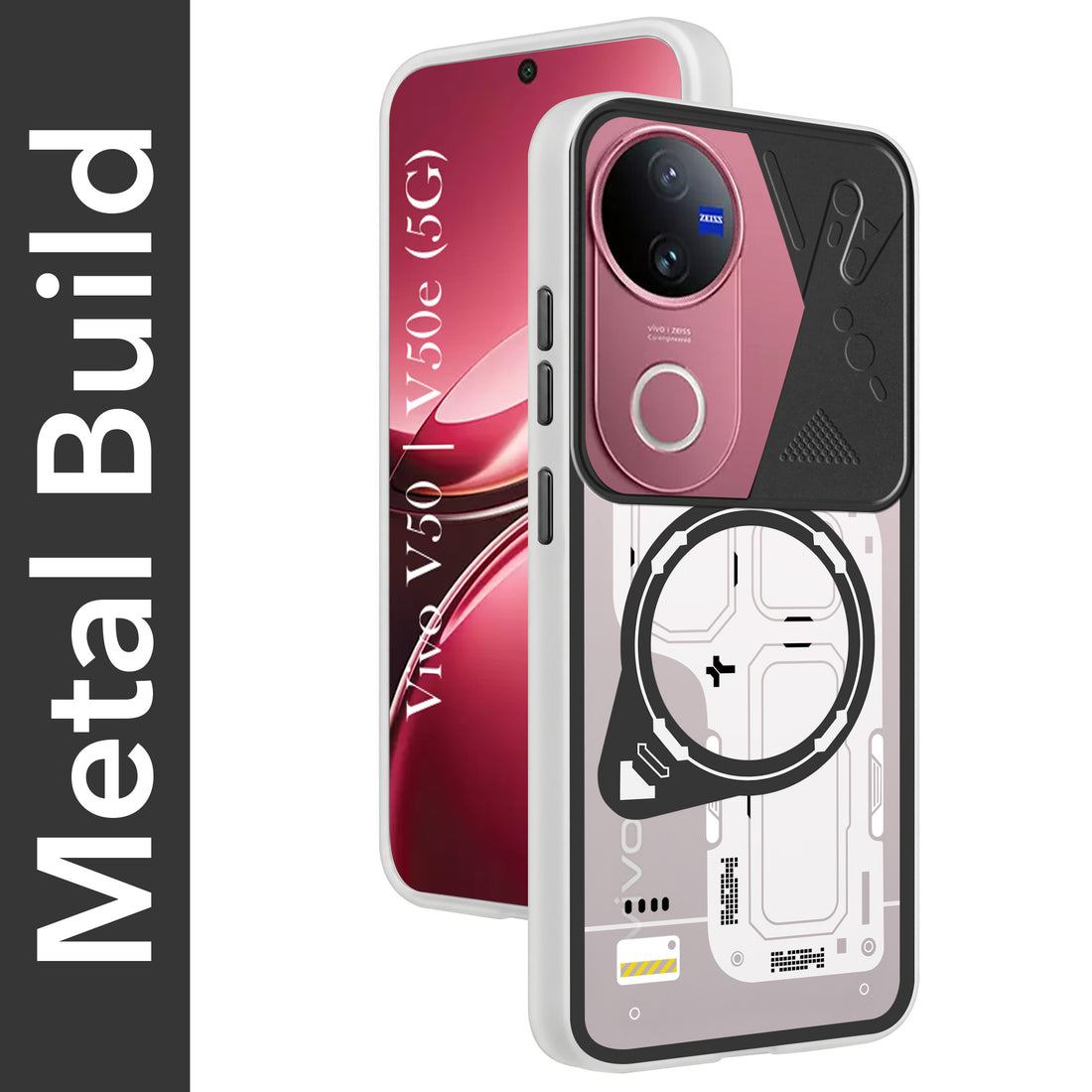 For Vivo V50 | Vivo V50e Metallic Back Cover Case (Metallic Camera Protection & Buttons | Translucent Milky Shade | Hard Polycarbonate)