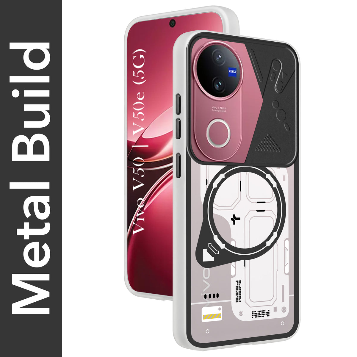 For Vivo V50 | Vivo V50e Metallic Back Cover Case (Metallic Camera Protection & Buttons | Translucent Milky Shade | Hard Polycarbonate)