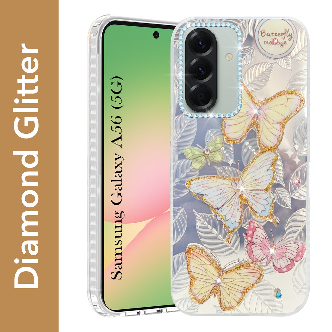 For Samsung Galaxy A56 Back Cover Case (Luxury Floral Glitter Cute Butterfly | Diamond Studded Camera Bump | Girls & Women Design)