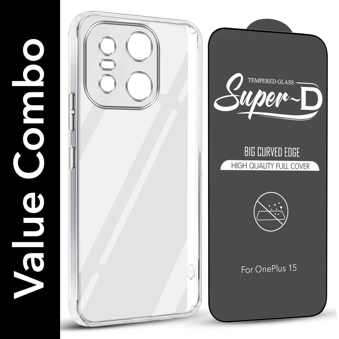 For OnePlus 15 5G Combo with Back Cover and 9H Tempered Glass (Lifetime Anti-Yellow | Sleek Hard Crystal | Oleophobic Coating Screen Glass)