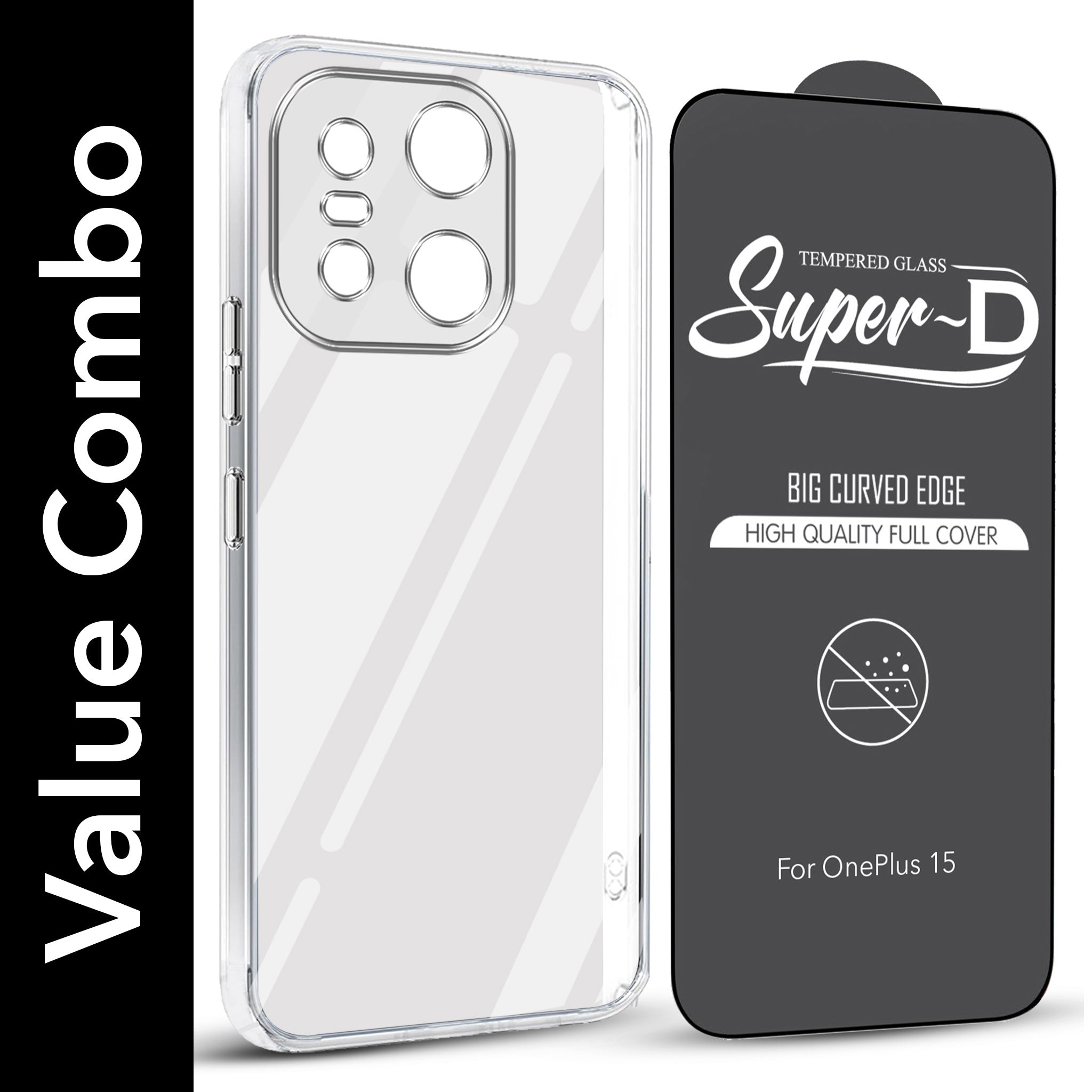 For OnePlus 15 5G Combo with Back Cover and 9H Tempered Glass (Lifetime Anti-Yellow | Sleek Hard Crystal | Oleophobic Coating Screen Glass)