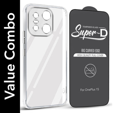 For OnePlus 15 5G Combo with Back Cover and 9H Tempered Glass (Lifetime Anti-Yellow | Sleek Hard Crystal | Oleophobic Coating Screen Glass)