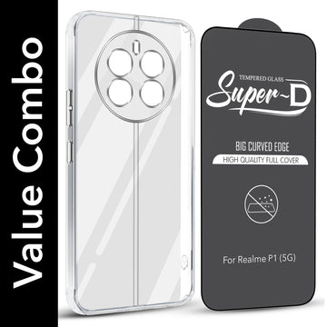 For Realme P1 5G Combo with Back Cover and 9H Tempered Glass (Lifetime Anti-Yellow | Sleek Hard Crystal | Oleophobic Coating Screen Glass)