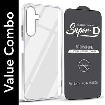 For Samsung Galaxy M35 5G Combo with Back Cover and 9H Tempered Glass (Lifetime Anti-Yellow | Sleek Hard Crystal | Oleophobic Coating Screen Glass)