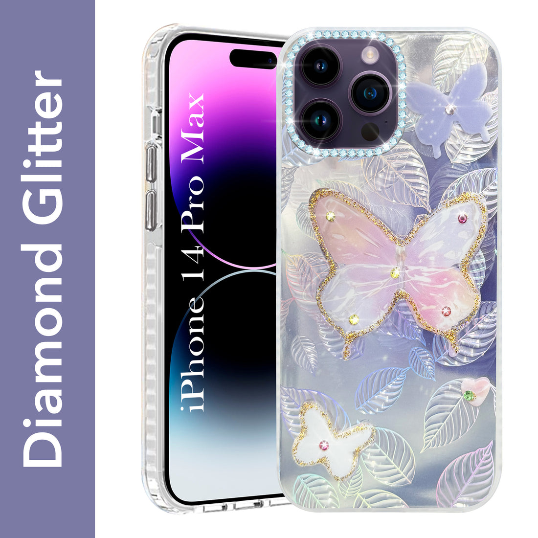 For Apple iPhone 14 Pro Max Back Cover Case (Luxury Floral Glitter Cute Butterfly | Diamond Studded Camera Bump | Girls & Women Design)