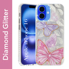 For Apple iPhone 16 Back Cover Case (Luxury Floral Glitter Cute Butterfly | Diamond Studded Camera Bump | Girls & Women Design)