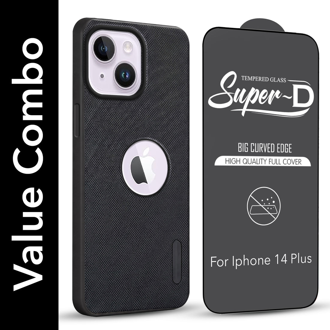 For Apple iPhone 14 Plus Combo with Back Cover and 9H Tempered Glass (Textured Grip Design | Micro-Fiber Cloth Inside | Oleophobic Coating Screen Glass)