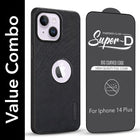 For Apple iPhone 14 Plus Combo with Back Cover and 9H Tempered Glass (Textured Grip Design | Micro-Fiber Cloth Inside | Oleophobic Coating Screen Glass)