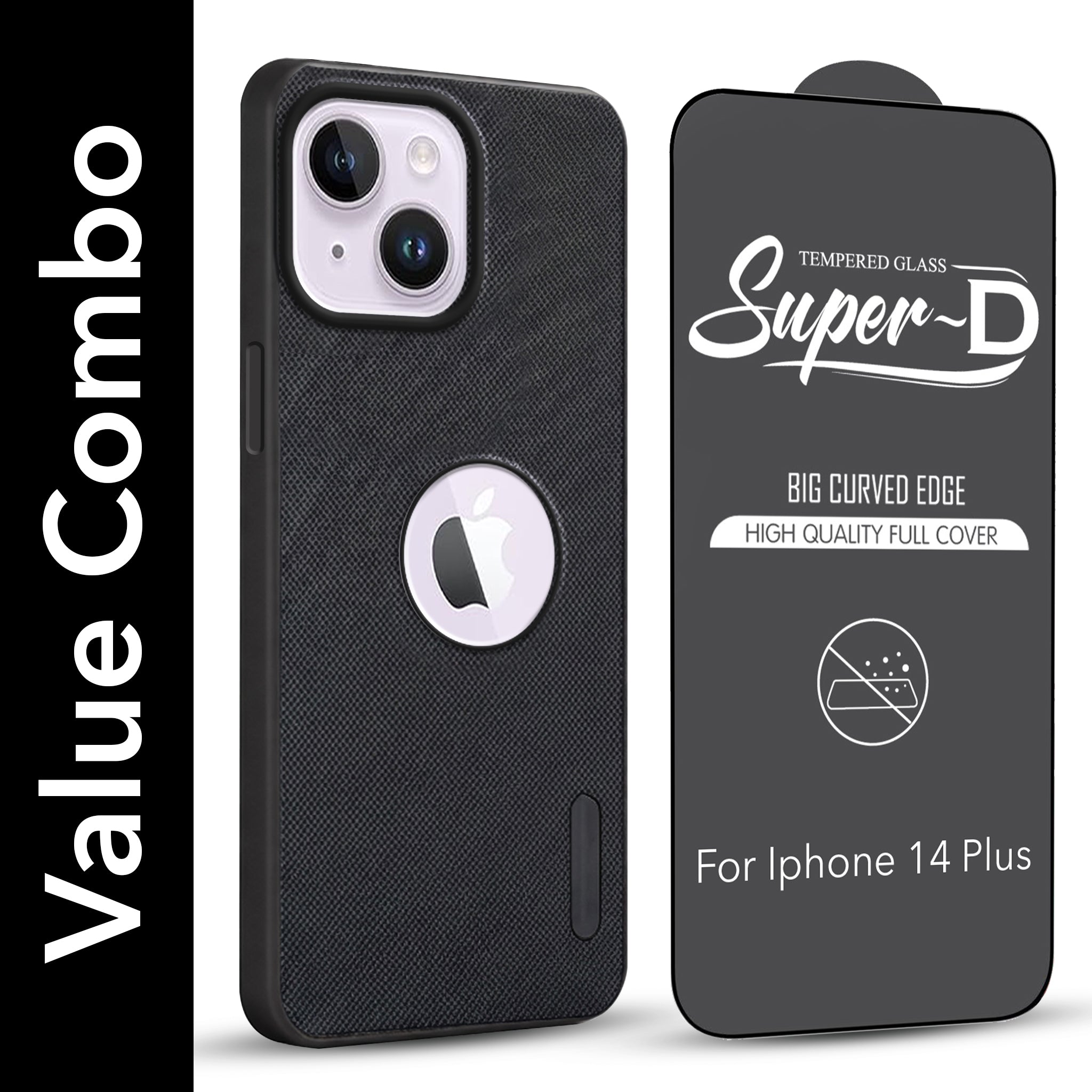 For Apple iPhone 14 Plus Combo with Back Cover and 9H Tempered Glass (Textured Grip Design | Micro-Fiber Cloth Inside | Oleophobic Coating Screen Glass)