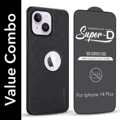 For Apple iPhone 14 Plus Combo with Back Cover and 9H Tempered Glass (Textured Grip Design | Micro-Fiber Cloth Inside | Oleophobic Coating Screen Glass)