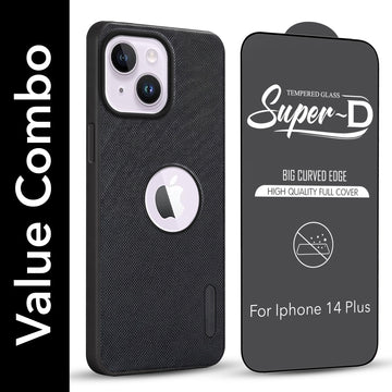 For Apple iPhone 14 Plus Combo with Back Cover and 9H Tempered Glass (Textured Grip Design | Micro-Fiber Cloth Inside | Oleophobic Coating Screen Glass)