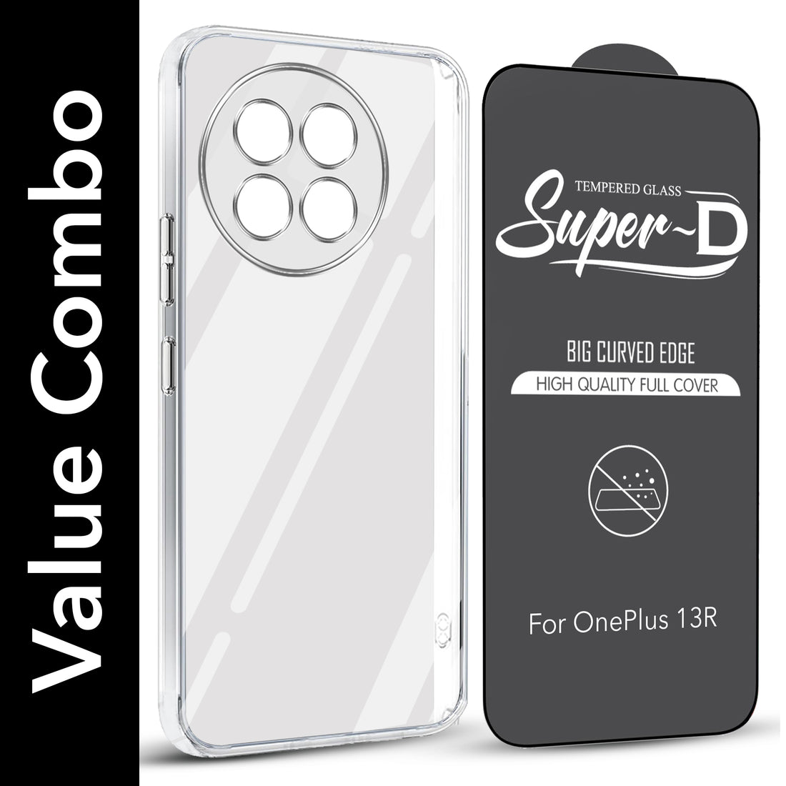 For OnePlus 13R 5G Combo with Back Cover and 9H Tempered Glass (Lifetime Anti-Yellow | Sleek Hard Crystal | Oleophobic Coating Screen Glass)
