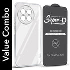 For OnePlus 13R 5G Combo with Back Cover and 9H Tempered Glass (Lifetime Anti-Yellow | Sleek Hard Crystal | Oleophobic Coating Screen Glass)
