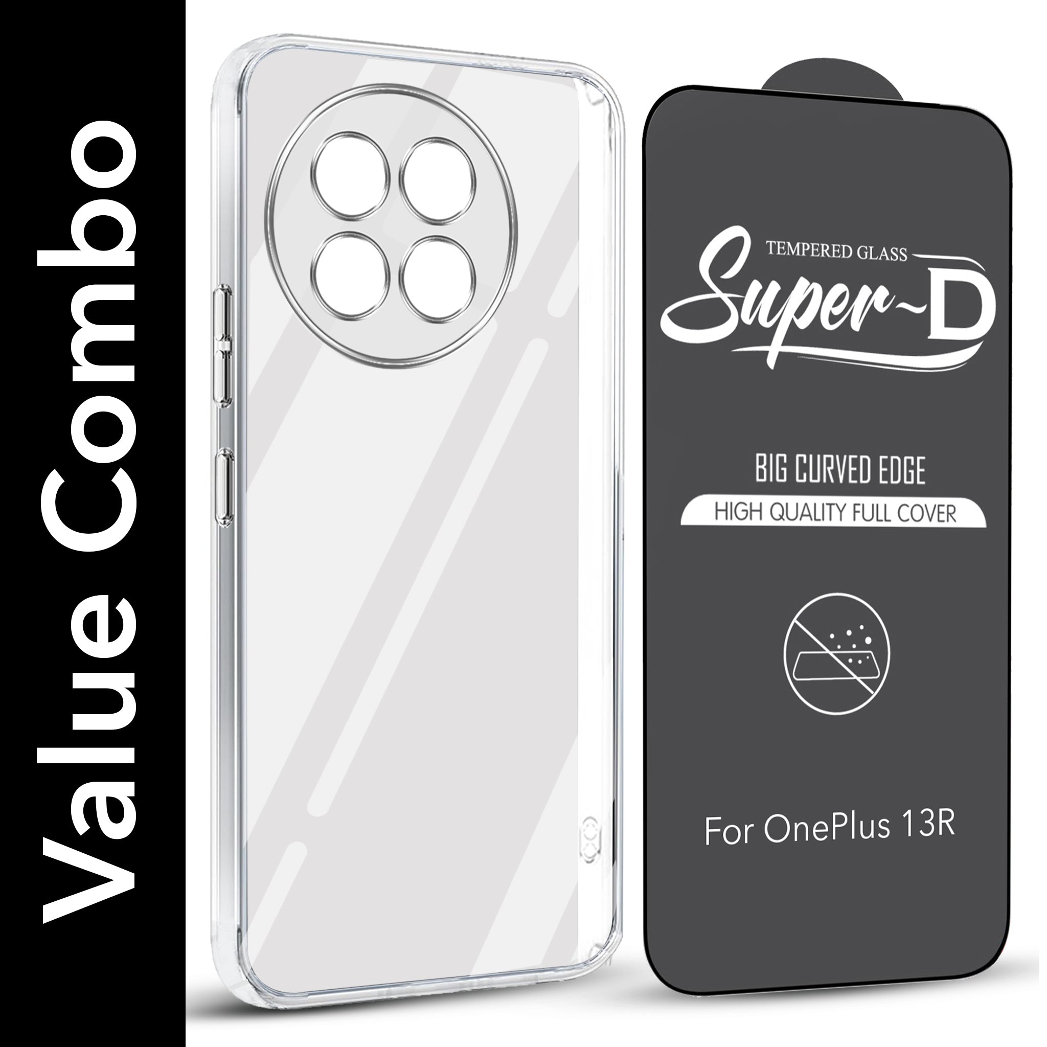 For OnePlus 13R 5G Combo with Back Cover and 9H Tempered Glass (Lifetime Anti-Yellow | Sleek Hard Crystal | Oleophobic Coating Screen Glass)