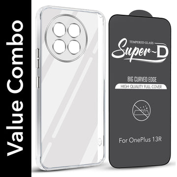 For OnePlus 13R 5G Combo with Back Cover and 9H Tempered Glass (Lifetime Anti-Yellow | Sleek Hard Crystal | Oleophobic Coating Screen Glass)