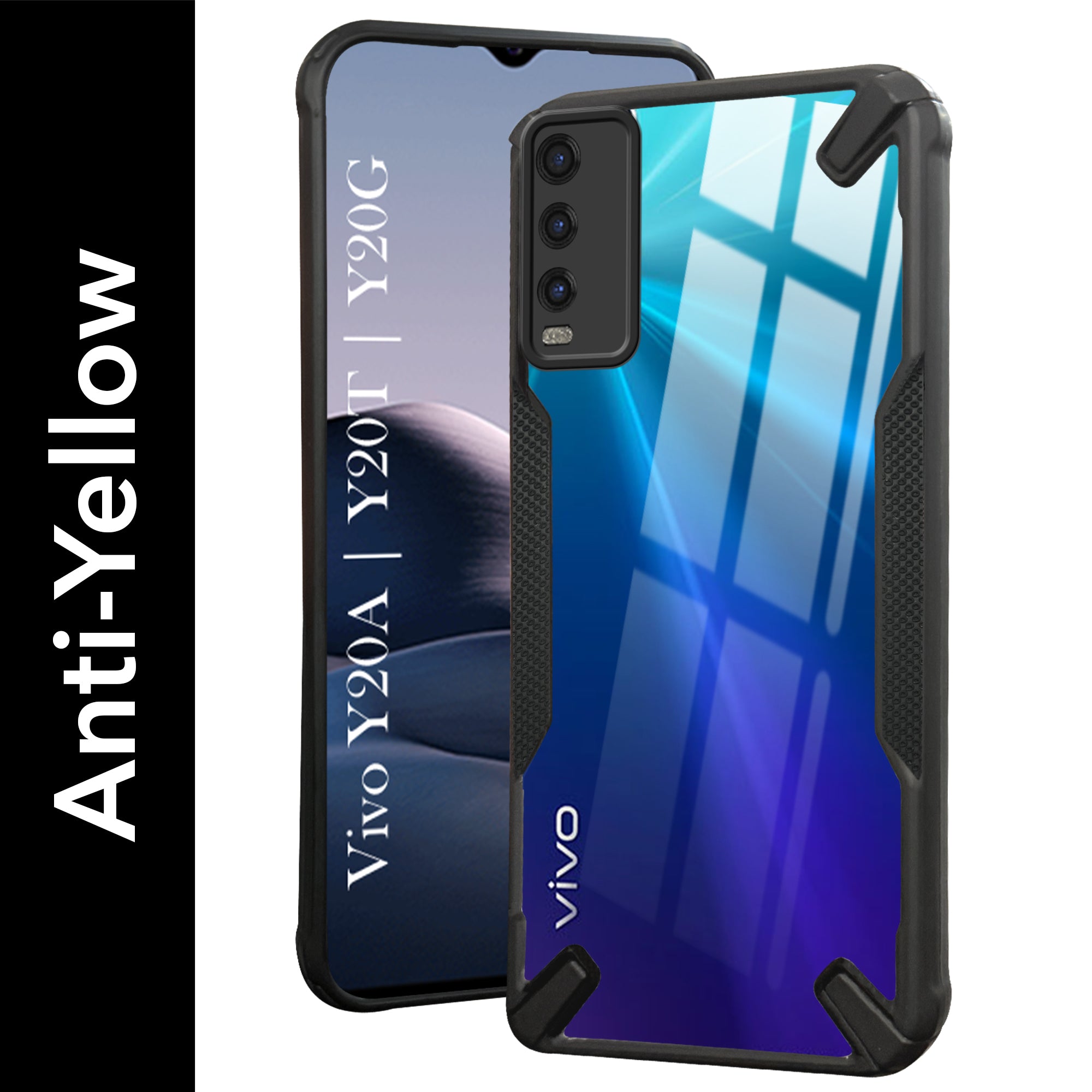 For Vivo Y20A | Y20T | Y20G Back Cover Case (Hybrid Crystal | Ultimate Shockproof Bumpers | Anti Yellow | Rugged Armor | Black )