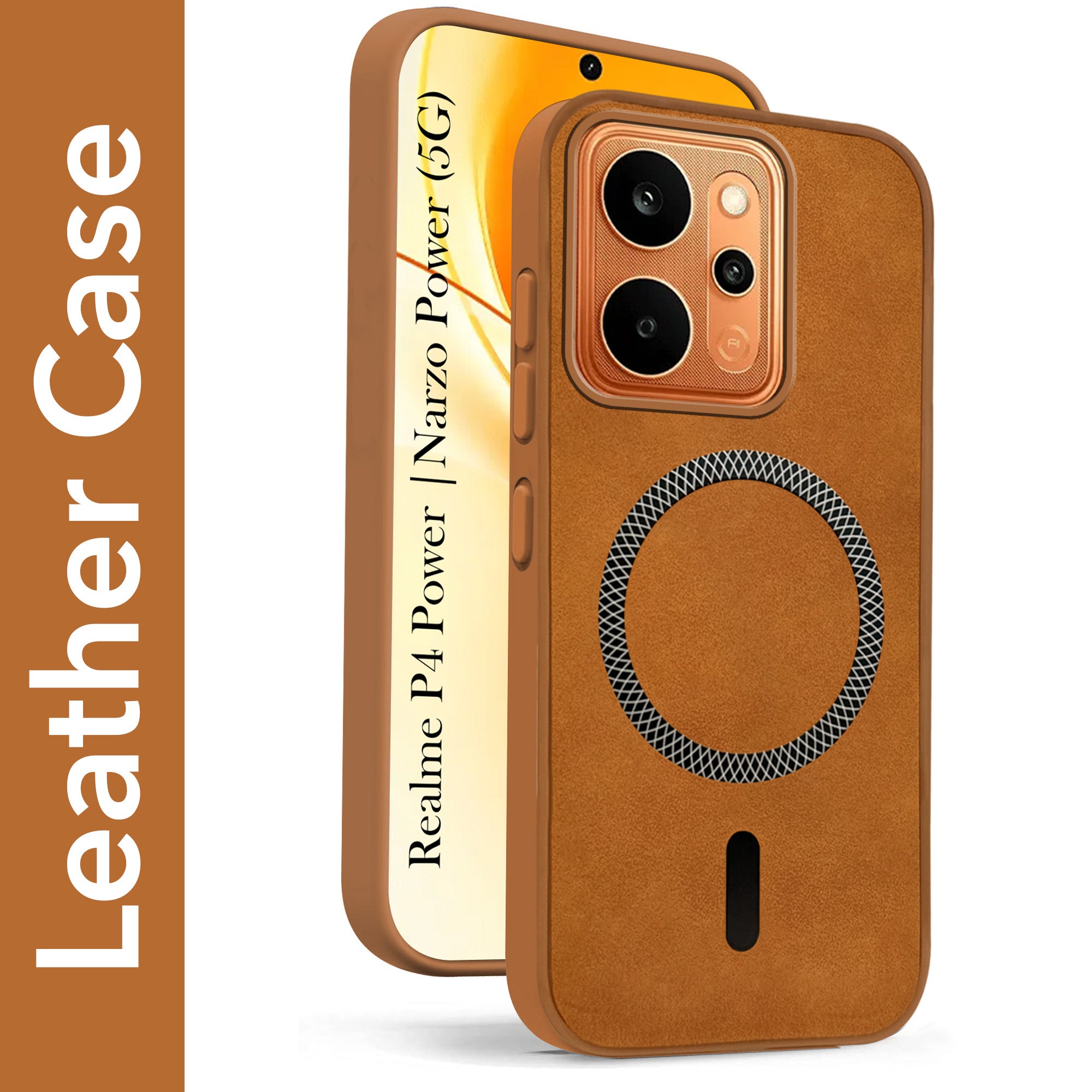 For Realme P4 Power 5G | Realme Narzo Power Back Cover Case Leather Finish (MagSafe Compatible Wireless Charging | Soft Touch | Camera Bump Protection)