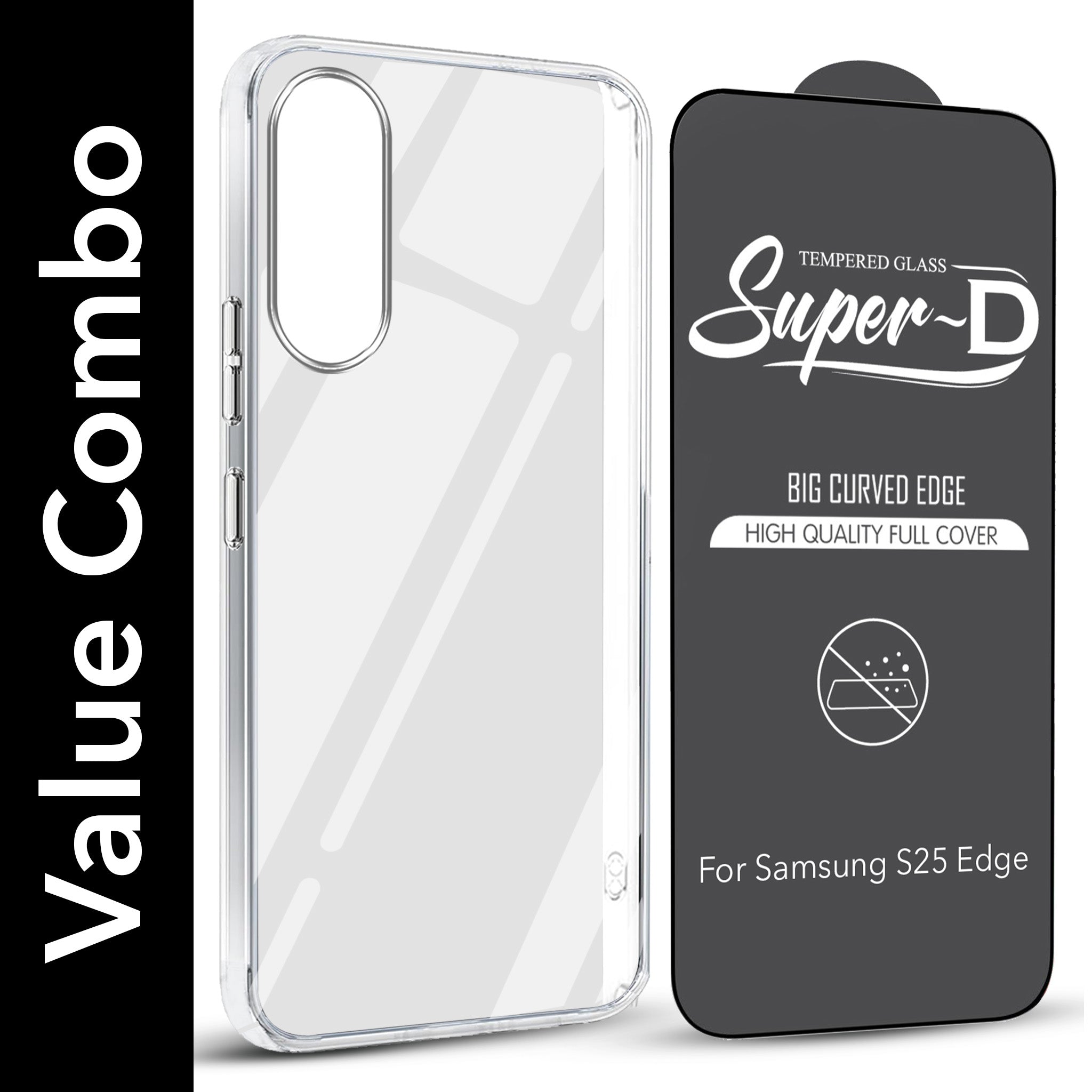 For Samsung Galaxy S25 Edge Combo with Back Cover and 9H Tempered Glass (Lifetime Anti-Yellow | Sleek Hard Crystal | Oleophobic Coating Screen Glass)