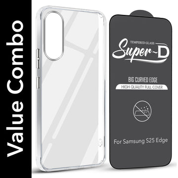 For Samsung Galaxy S25 Edge Combo with Back Cover and 9H Tempered Glass (Lifetime Anti-Yellow | Sleek Hard Crystal | Oleophobic Coating Screen Glass)