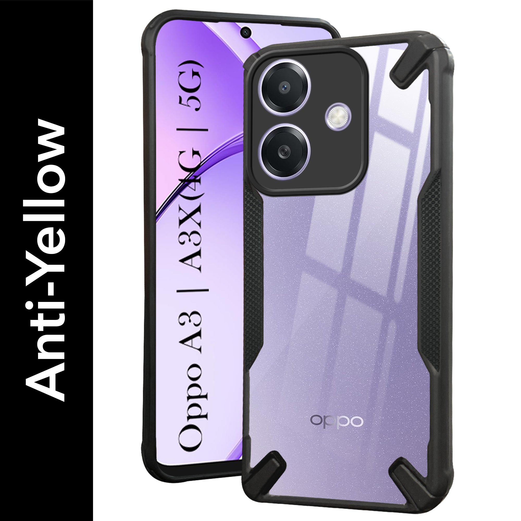 For Oppo A3X (4G/5G) | Oppo A3 5G Back Cover Case (Hybrid Crystal | Ultimate Shockproof Bumpers | Anti Yellow | Rugged Armor | Black )