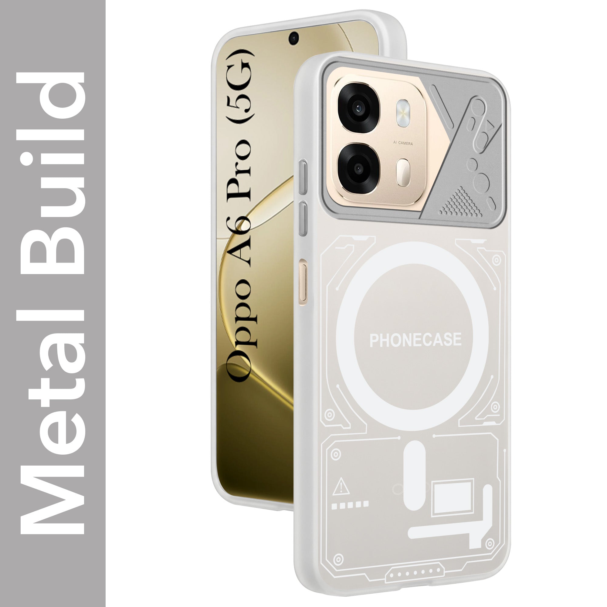 For Oppo A6 Pro Metallic Back Cover Case (Metallic Camera Protection & Buttons | Translucent Milky Shade | Hard Polycarbonate)
