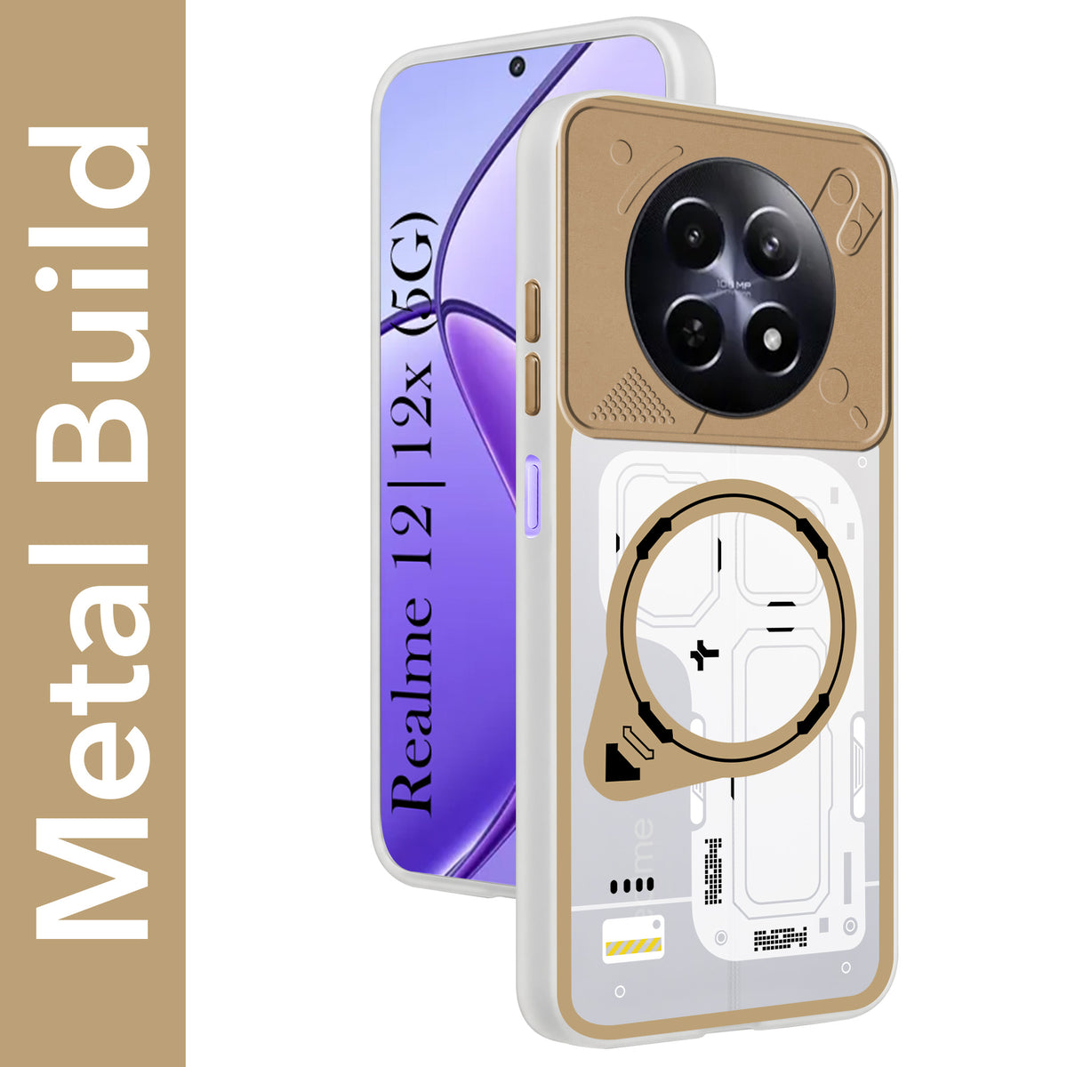 For Realme 12 | Realme 12X Metallic Back Cover Case (Metallic Camera Protection & Buttons | Translucent Milky Shade | Hard Polycarbonate)