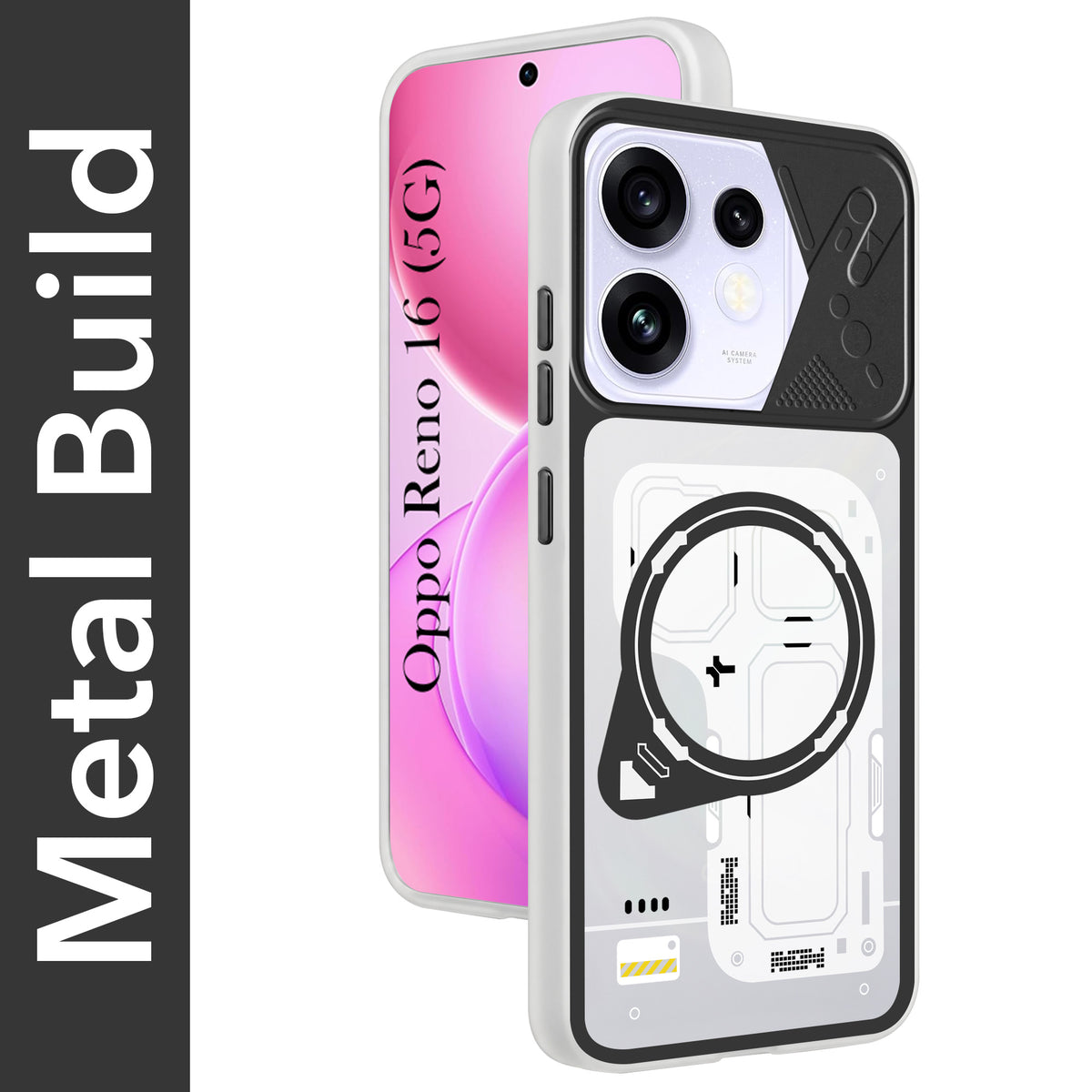For Oppo Reno 16 Metallic Back Cover Case (Metallic Camera Protection & Buttons | Translucent Milky Shade | Hard Polycarbonate)