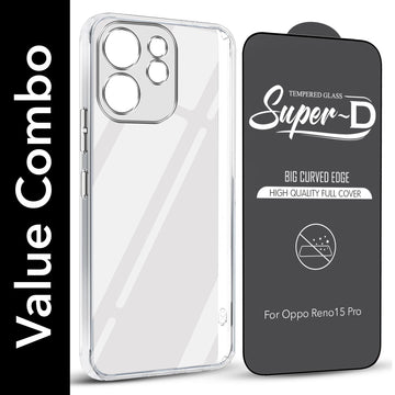 For Oppo Reno15 Pro 5G | Oppo Reno 15 Pro 5G Combo with Back Cover and 9H Tempered Glass (Lifetime Anti-Yellow | Sleek Hard Crystal | Oleophobic Coating Screen Glass)