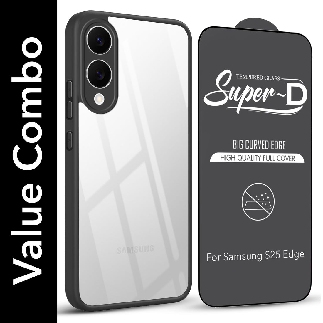 For Samsung Galaxy S25 Edge Combo with Back Cover and 9H Tempered Glass (Lifetime Anti-Yellow | Crystal Clear Shockproof | Oleophobic Coating Screen Glass)