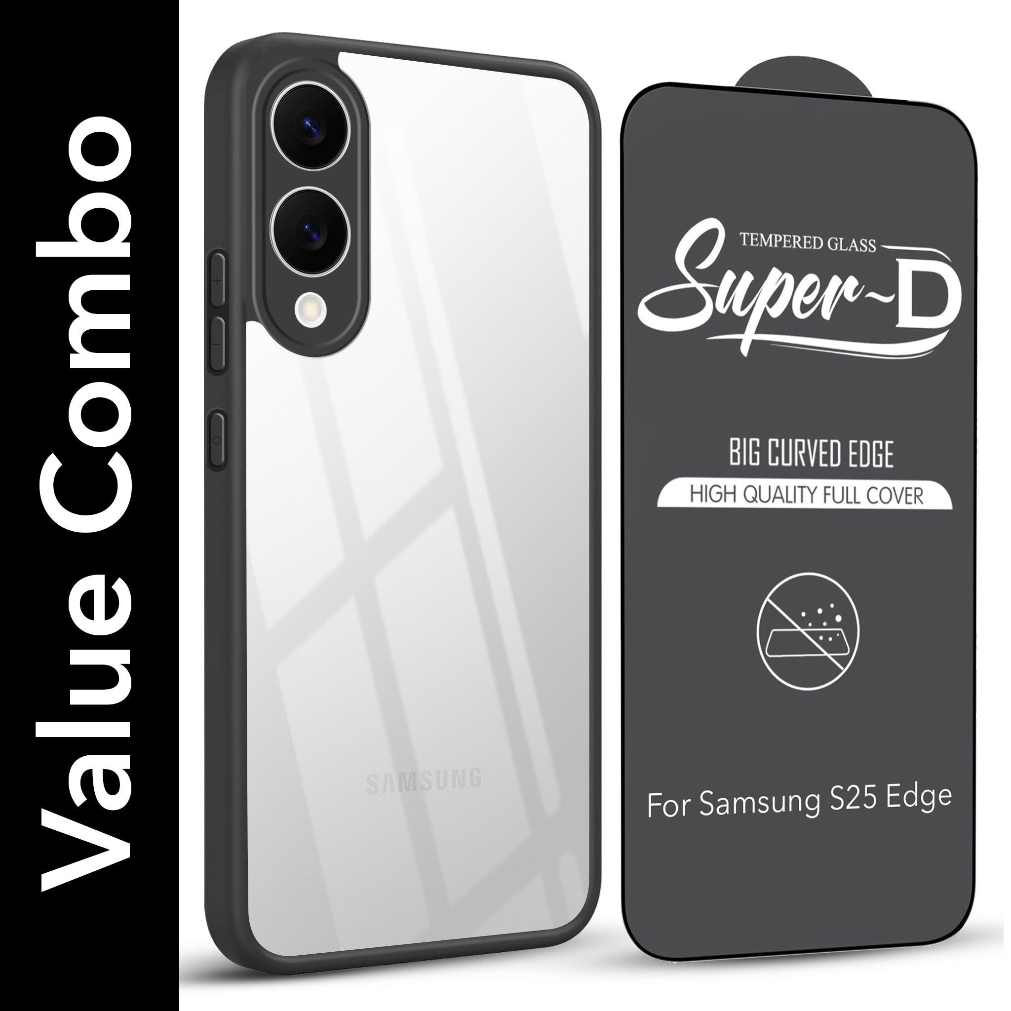 For Samsung Galaxy S25 Edge Combo with Back Cover and 9H Tempered Glass (Lifetime Anti-Yellow | Crystal Clear Shockproof | Oleophobic Coating Screen Glass)