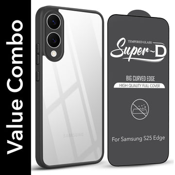 For Samsung Galaxy S25 Edge Combo with Back Cover and 9H Tempered Glass (Lifetime Anti-Yellow | Crystal Clear Shockproof | Oleophobic Coating Screen Glass)
