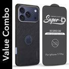 For iPhone 17 Pro Combo with Back Cover and 9H Tempered Glass (Textured Grip Design | Micro-Fiber Cloth Inside | Oleophobic Coating Screen Glass)
