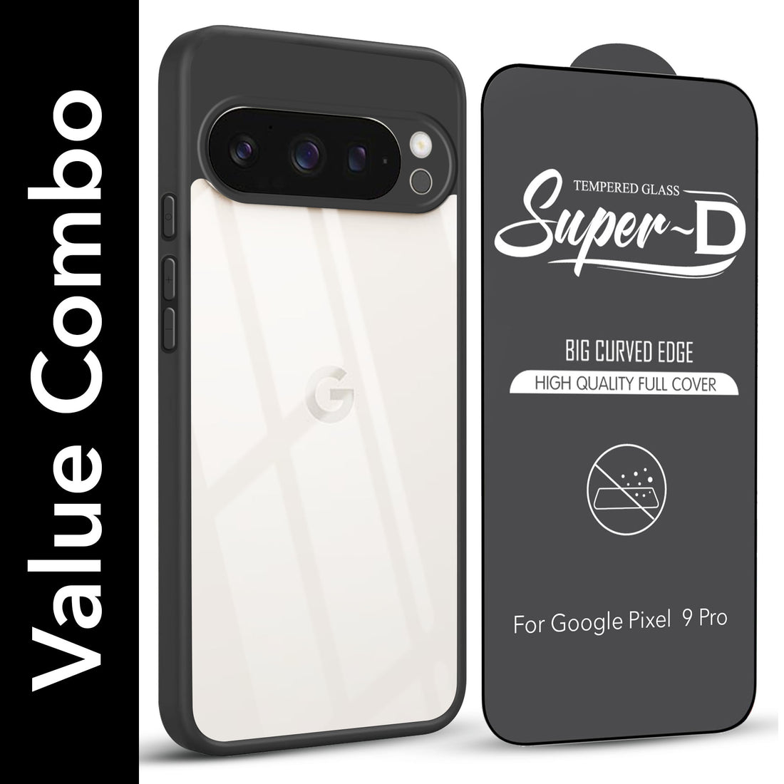 For Google Pixel 9 Pro Combo with Back Cover and 9H Tempered Glass (Lifetime Anti-Yellow | Crystal Clear Shockproof | Oleophobic Coating Screen Glass)