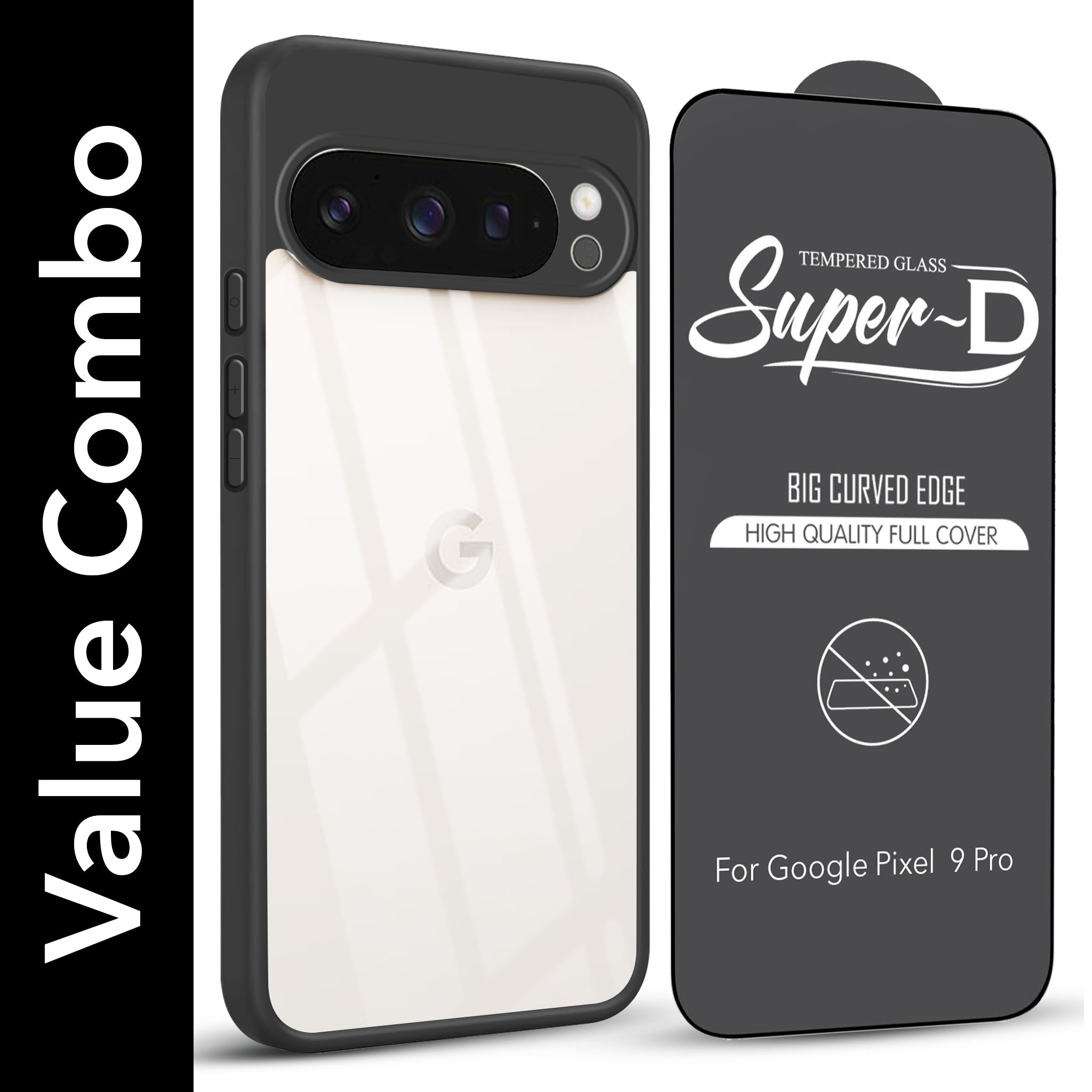 For Google Pixel 9 Pro Combo with Back Cover and 9H Tempered Glass (Lifetime Anti-Yellow | Crystal Clear Shockproof | Oleophobic Coating Screen Glass)