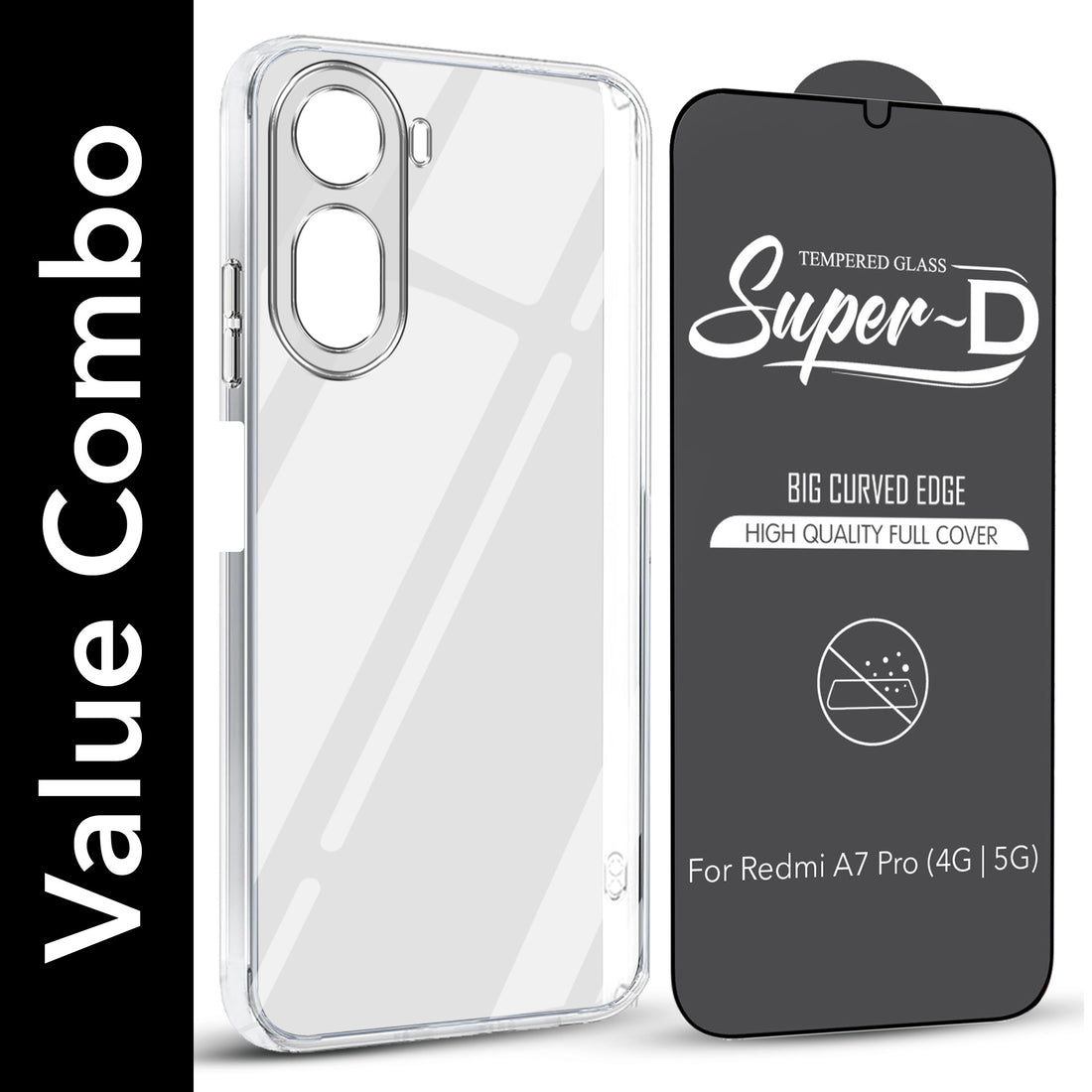 For Redmi A7 Pro 5G Combo with Back Cover and 9H Tempered Glass (Lifetime Anti-Yellow | Sleek Hard Crystal | Oleophobic Coating Screen Glass)