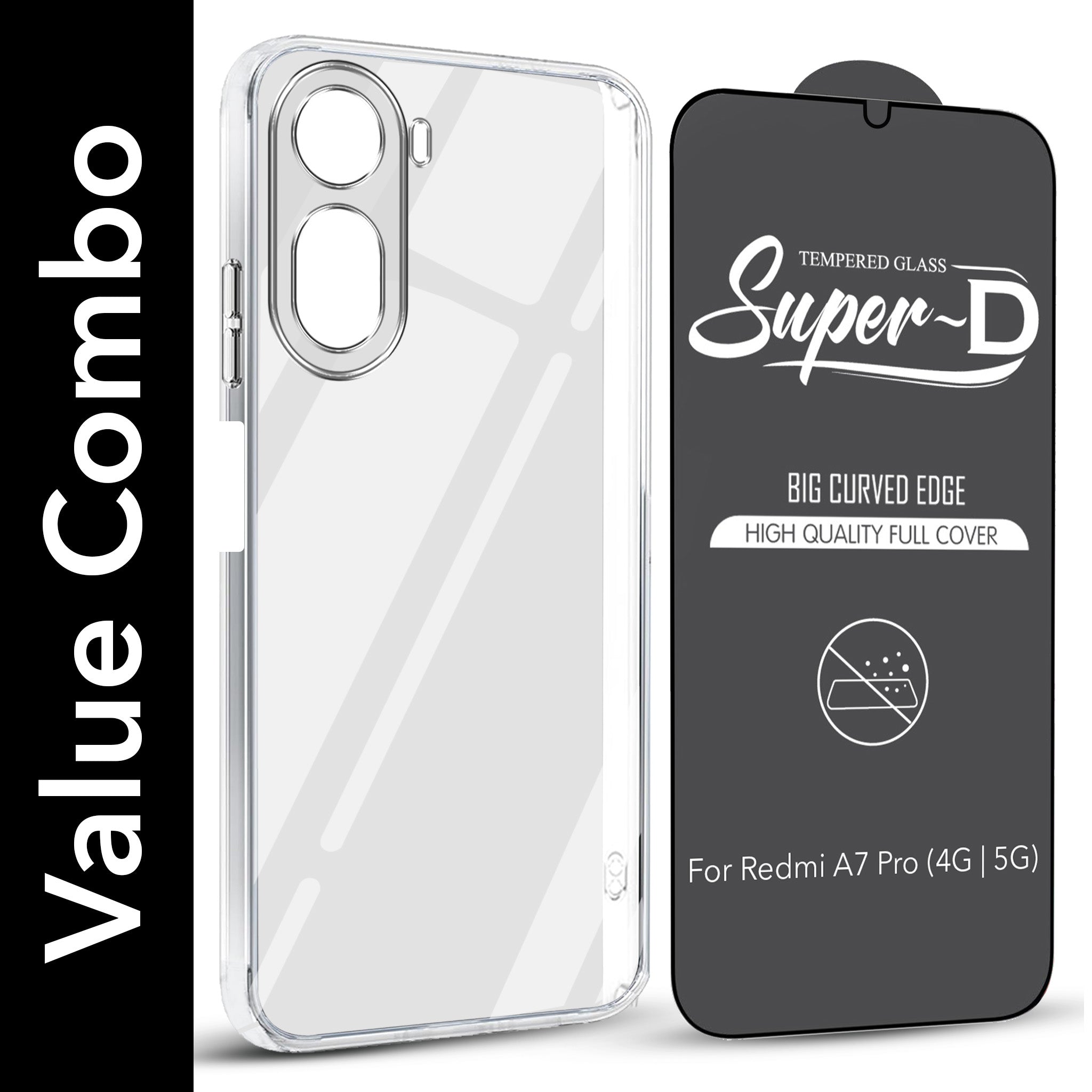 For Redmi A7 Pro 5G Combo with Back Cover and 9H Tempered Glass (Lifetime Anti-Yellow | Sleek Hard Crystal | Oleophobic Coating Screen Glass)