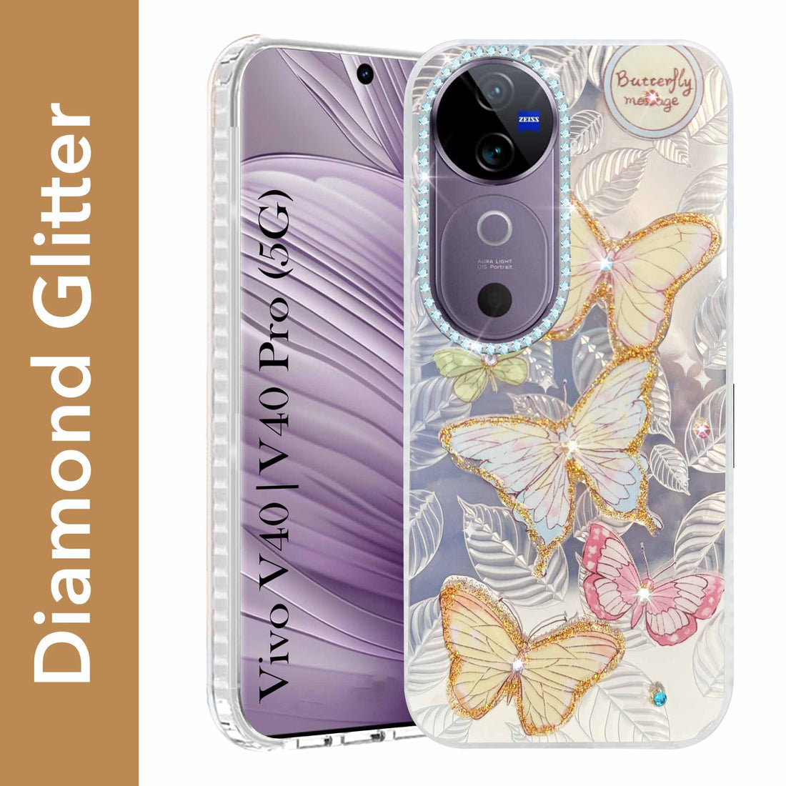 For Vivo V40 | Vivo V40 Pro 5G Back Cover Case (Luxury Floral Glitter Cute Butterfly | Diamond Studded Camera Bump | Girls & Women Design)