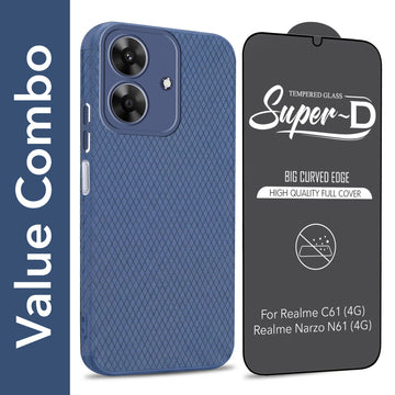 For Realme C61 | Realme Narzo N61 Combo with Back Cover and 9H Tempered Glass (Liquid Silicone | Camera Protection | Oleophobic Coating Screen Glass)