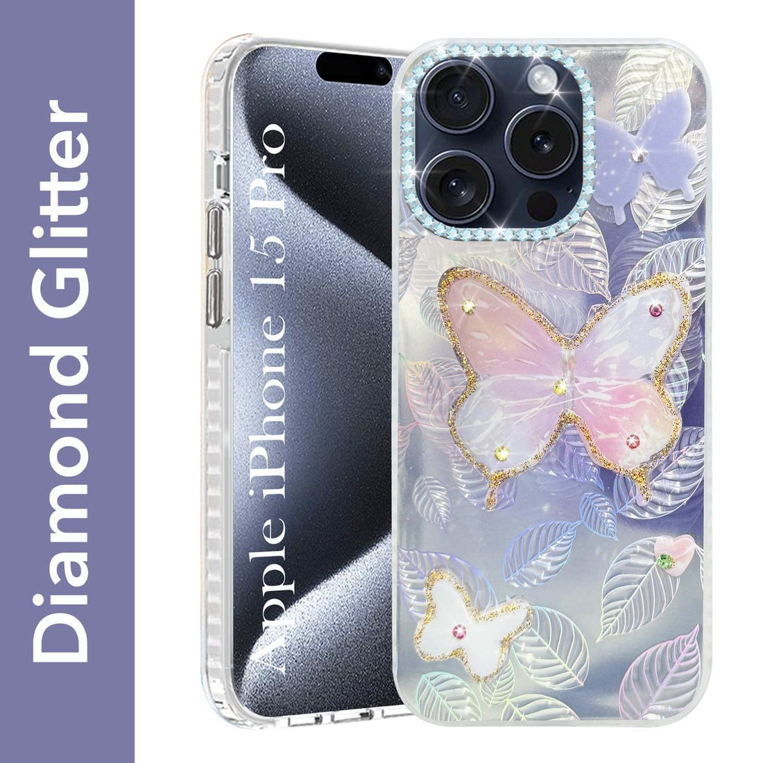 For Apple iPhone 15 Pro Back Cover Case (Luxury Floral Glitter Cute Butterfly | Diamond Studded Camera Bump | Girls & Women Design)
