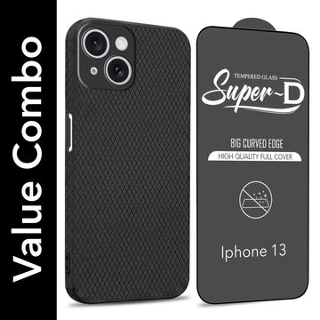 For Apple iPhone 13 Combo with Back Cover and 9H Tempered Glass (Liquid Silicone | Camera Protection | Oleophobic Coating Screen Glass)