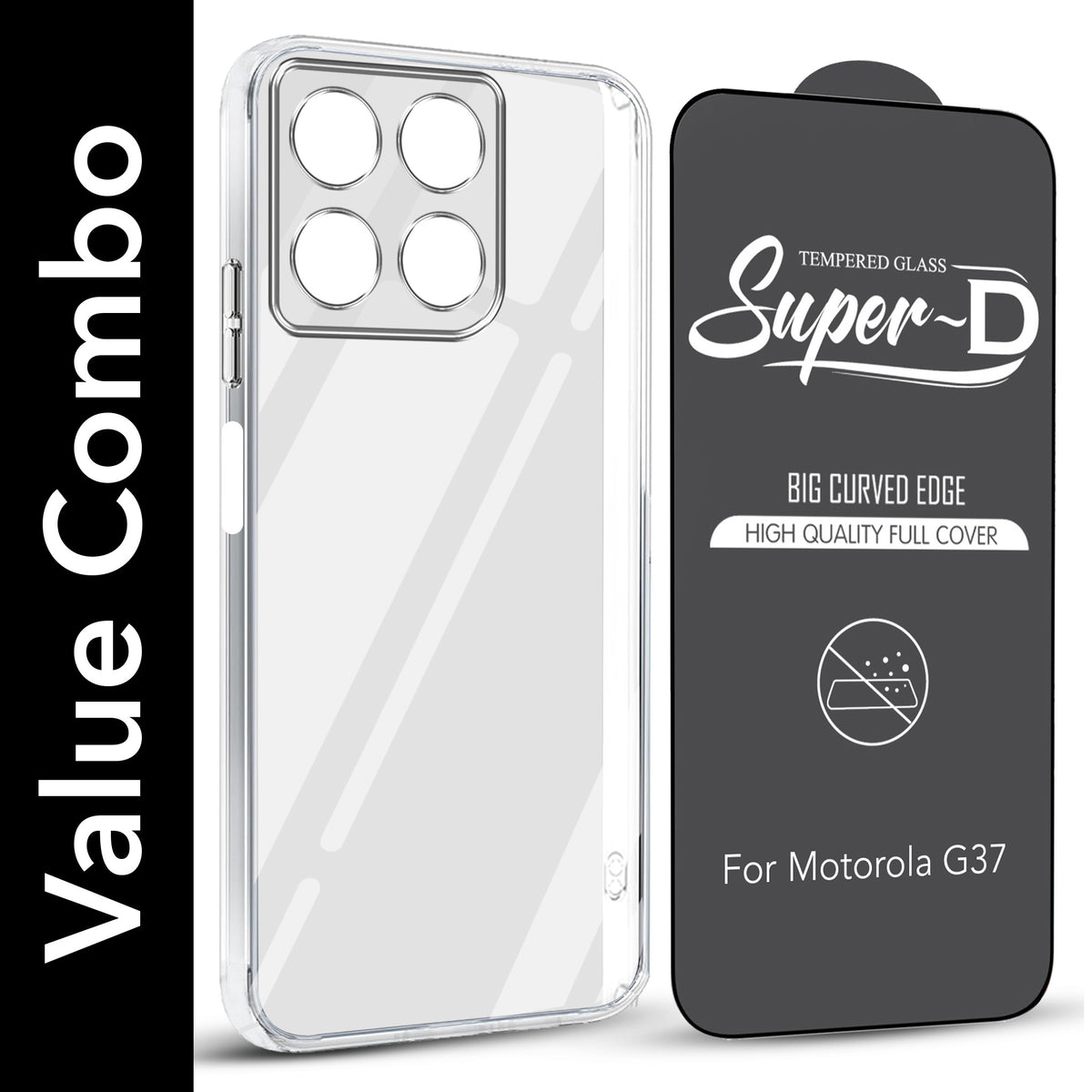 For Motorola Moto G37 Combo with Back Cover and 9H Tempered Glass (Lifetime Anti-Yellow | Sleek Hard Crystal | Oleophobic Coating Screen Glass)