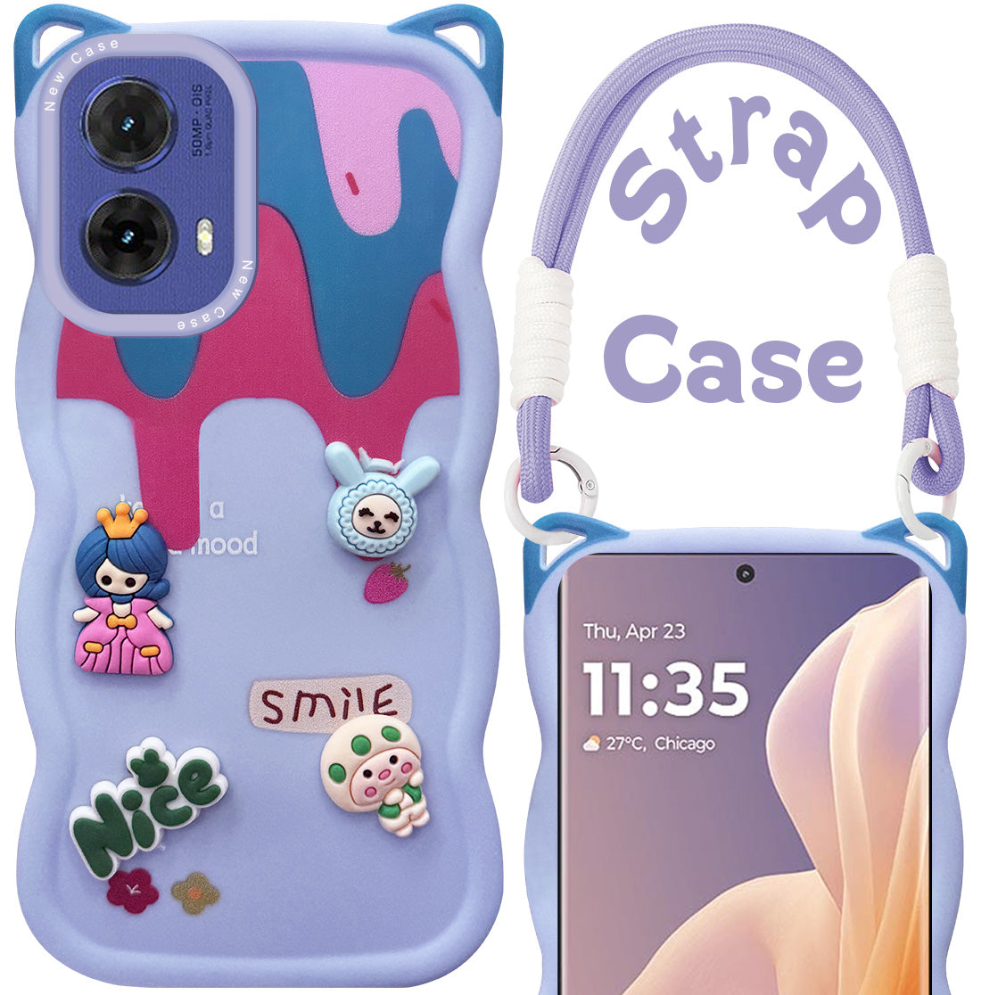 For Motorola Moto G85 5G Back Case Cover Strap(3D embossed Figures | Strap Holder | 360* Soft Cushion with Camera Bump)