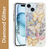 For Apple iPhone 15 Back Cover Case (Luxury Floral Glitter Cute Butterfly | Diamond Studded Camera Bump | Girls & Women Design)