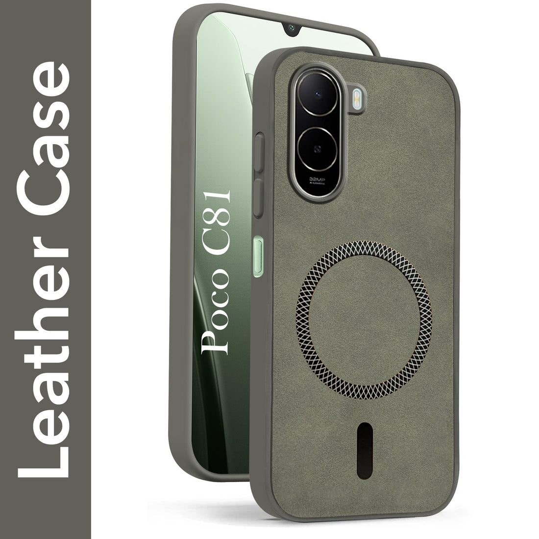 For Poco C81 Back Cover Case Leather Finish (MagSafe Compatible Wireless Charging | Soft Touch | Camera Bump Protection)